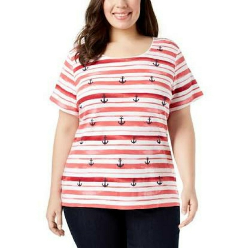Karen Scott Womens Red White Anchor Print Graphic